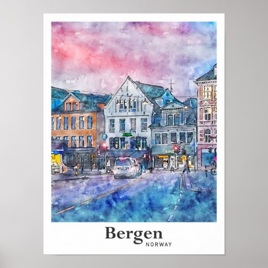 Bergen Noorwegen Reizen Waterverf Schets Hand gete Poster (Voorkant)