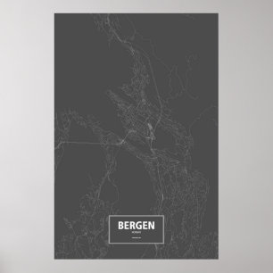 Bergen, Noorwegen (wit op zwart) Poster