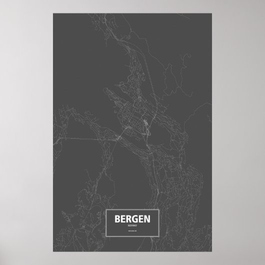 Bergen, Noorwegen (wit op zwart) Poster (Voorkant)