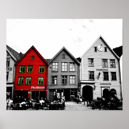 Bergen Norway Black en White foto met rood huis Poster (Voorkant)