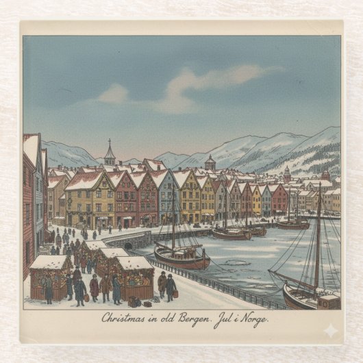 Bergen, Norway Christmas Coaster Glazen Onderzetter (Voorkant)