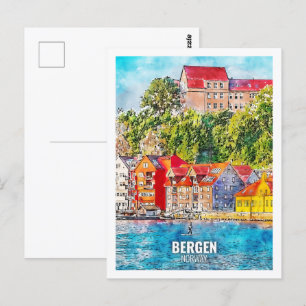 Bergen Norway Famous Travel Waterverf Sketch Briefkaart