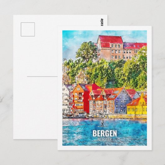 Bergen Norway Famous Travel Waterverf Sketch Briefkaart (Voorkant / Achterkant)