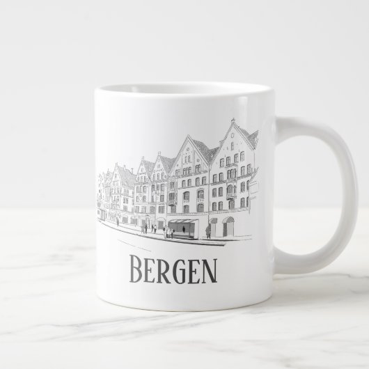 Bergen Norway Streetscape Beauful Line Drawing Grote Koffiekop (Rechts)