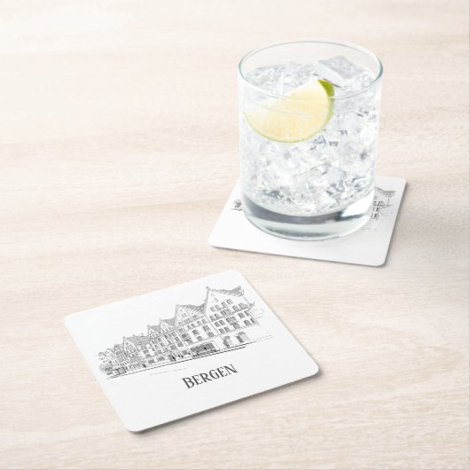 Bergen Norway Streetscape Beauful Line Drawing Kartonnen Onderzetters (Insitu)