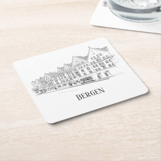 Bergen Norway Streetscape Beauful Line Drawing Kartonnen Onderzetters (Schuin)