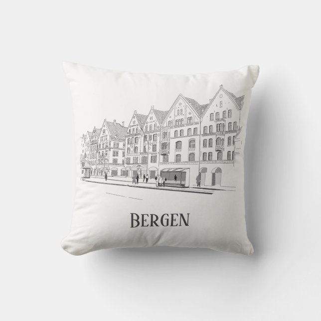 Bergen Norway Streetscape Beauful Line Drawing Kussen (Voorkant)