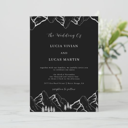 Bergen Pijnboom QR Code Zwart Bruiloft Kaart (Staand voorkant)