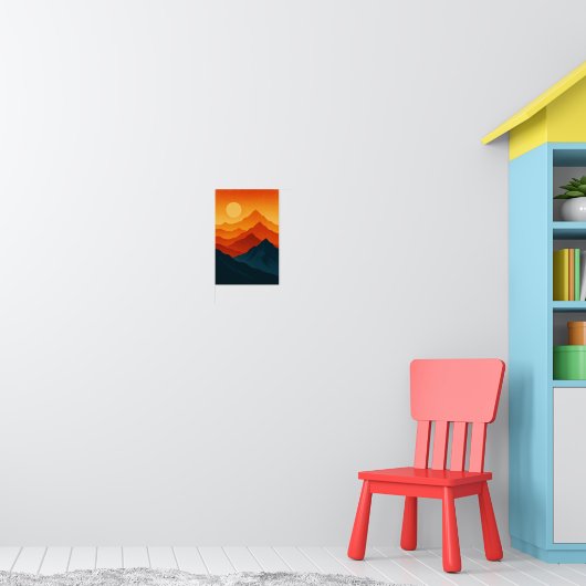 Bergen retro landschap illustratie rood blauw poster (Kinderkamer 1)