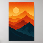 Bergen retro landschap illustratie rood blauw poster (Voorkant)