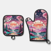 Bergen, Rivier, Art Deco, Vakantiehuis Ovenwant & Pannenlap Set (Voorkant)