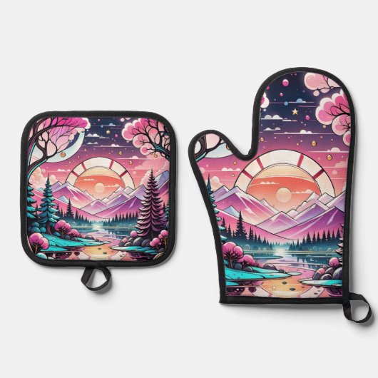 Bergen, Rivier, Art Deco, Vakantiehuis Ovenwant & Pannenlap Set (Voorkant)