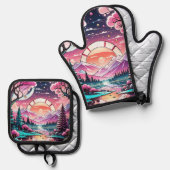 Bergen, Rivier, Art Deco, Vakantiehuis Ovenwant & Pannenlap Set (Voorkant / Achterkant)