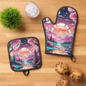 Bergen, Rivier, Art Deco, Vakantiehuis Ovenwant & Pannenlap Set (Top down)