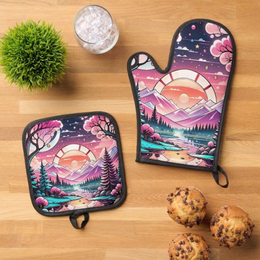 Bergen, Rivier, Art Deco, Vakantiehuis Ovenwant & Pannenlap Set (Top down)