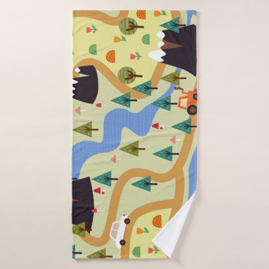 Bergen, rivieren, bos, auto patroon. badhanddoek (Badhanddoek)