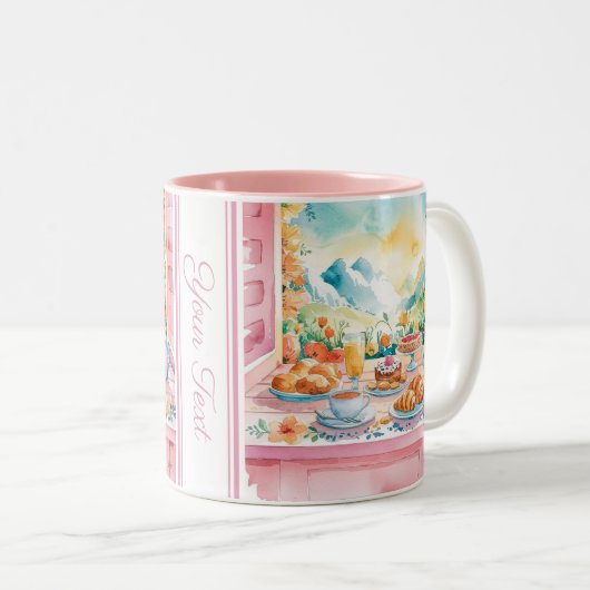 Bergen Roze Waterverf Ontbijt Schattigee Reizen Tweekleurige Koffiemok (Voorkant rechts)