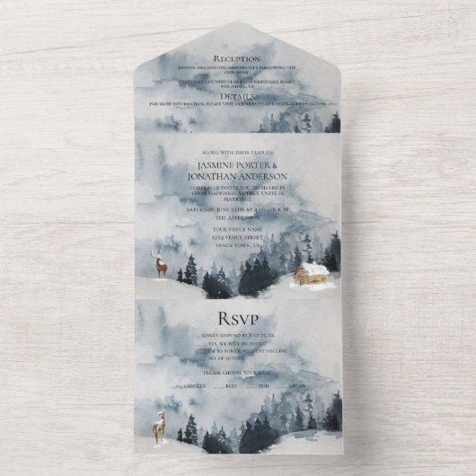 Bergen, sneeuw, bos, Cabin Wedding | All In One Uitnodiging (Binnen)