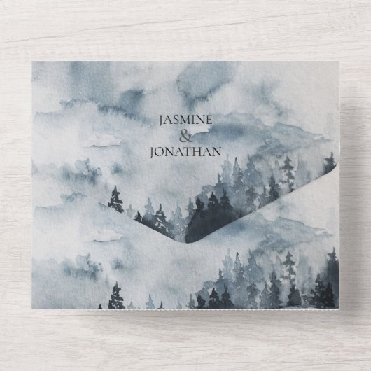 Bergen, sneeuw, bos, Cabin Wedding | All In One Uitnodiging (Achterkant)