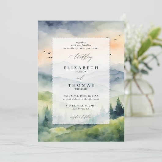 Bergen Sunrise Dream Deckle Lijst bruiloft Kaart (Staand voorkant)