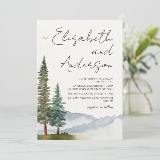 Bergen - Waterverf Rustic Pine Trees Wedding Kaart (Staand voorkant)