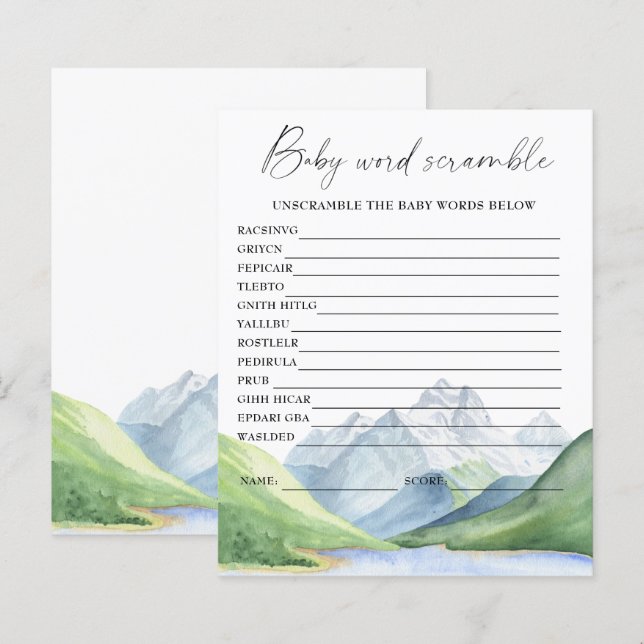 Bergen - woord scramble baby shower spel (Voorkant / Achterkant)