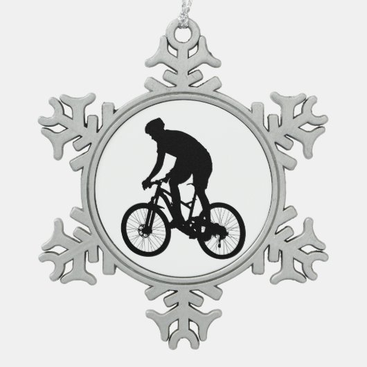 Bergfietsensilhouet - Kies achtergrondkleur Tin Sneeuwvlok Ornament (Voorkant)