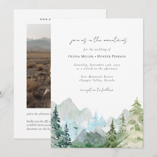 Berggebieden Rustic Forest QR Code All in One Wedd Kaart (Voorkant / Achterkant)