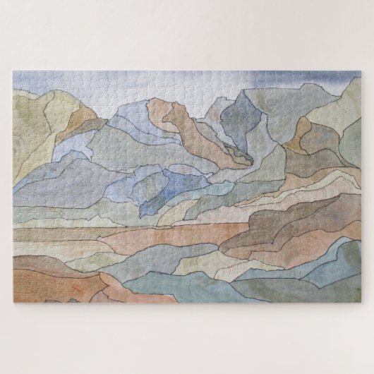 Berggebieden Waterverf Line Art Print Legpuzzel (Horizontaal)