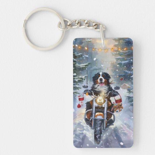 Berghond op motorfiets met Kerstmis Sleutelhanger (Voorkant)