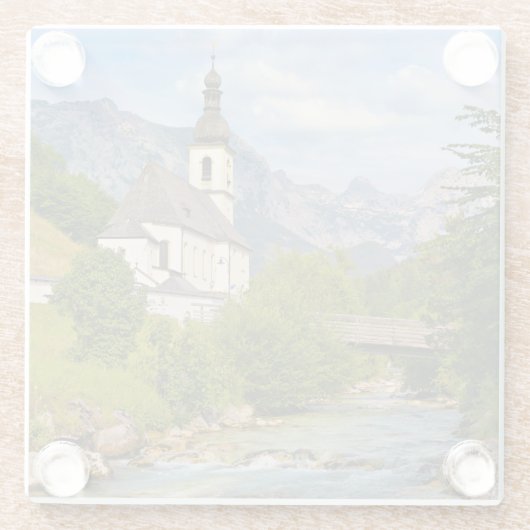 Bergkerk met stroomlandschap glazen onderzetter (Achterkant)