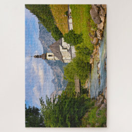 Bergkerk met stroomlandschap legpuzzel