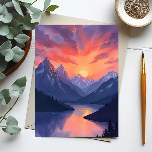 Bergketen Zonsondergang   Waterverf Meren Landscha Briefkaart