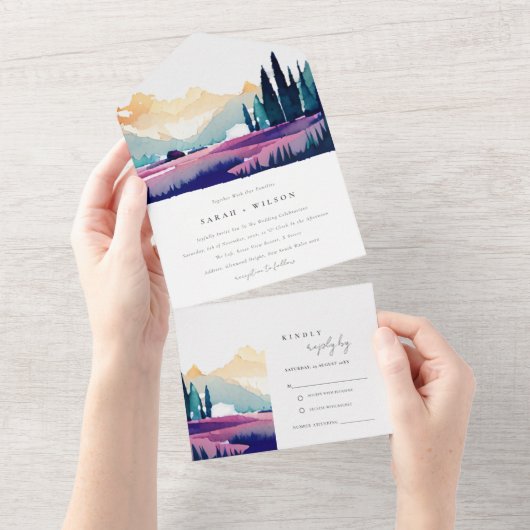 Bergland - Lila velden - Landschap Weduwschap All In One Uitnodiging (Afscheurbaar)