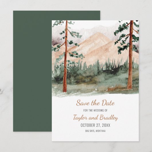 Berglandschap Dennenbomen Rustiek Bewaar de datum Save The Date (Voorkant / Achterkant)