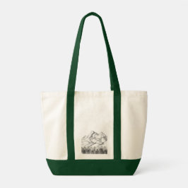 Berglandschap getekend in potlood op boodschappent tote bag
