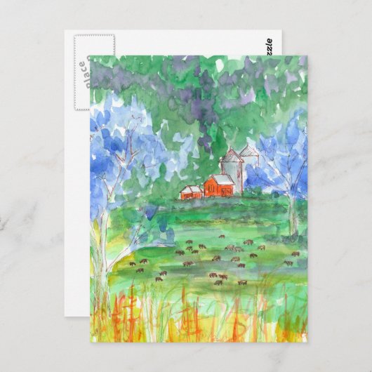 Berglandschap Koeien Red Barn We hebben verhuisd Briefkaart (Voorkant / Achterkant)