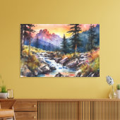 Berglandschap met een waterval bij zonsondergang canvas afdruk (Insitu (Woonkamer))