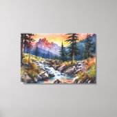 Berglandschap met een waterval bij zonsondergang canvas afdruk (Voorkant)