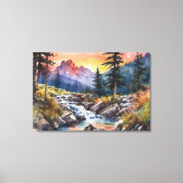 Berglandschap met een waterval bij zonsondergang canvas afdruk