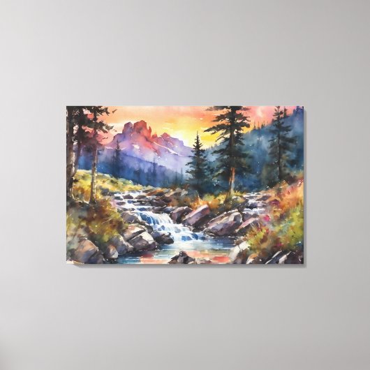 Berglandschap met een waterval bij zonsondergang canvas afdruk (Voorkant)