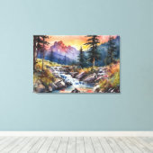 Berglandschap met een waterval bij zonsondergang canvas afdruk (Insitu (Houten vloer))