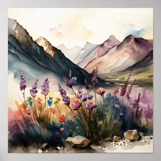 Berglandschap met Waterverf van wilde bloemen Poster