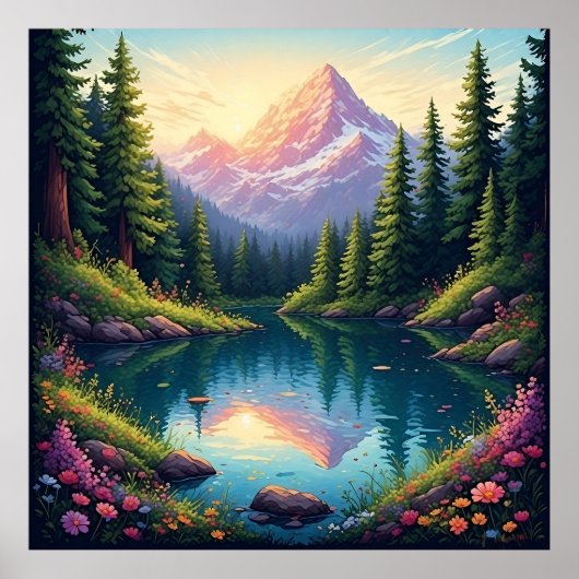 Berglandschap met weerspiegeling in het meer poster (Voorkant)