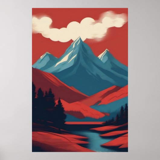 Berglandschap Rood Blauw Retro Illustratie Poster (Voorkant)