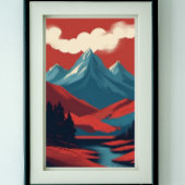 Berglandschap Rood Blauw Retro Illustratie Poster