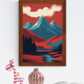 Berglandschap Rood Blauw Retro Illustratie Poster