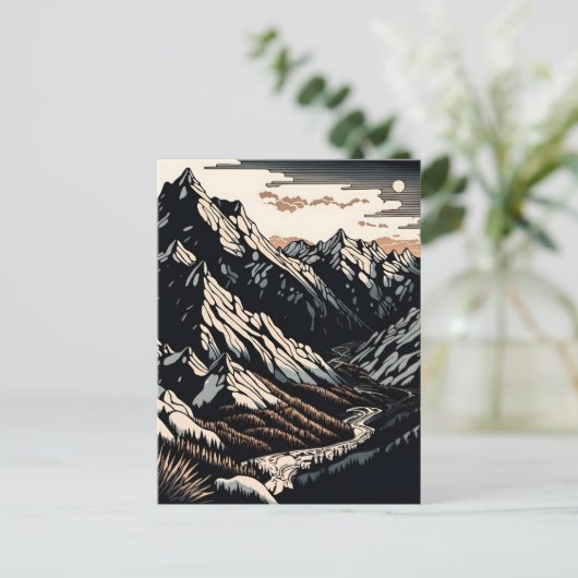 Berglandschap Vintage Travel Linocut Art Briefkaart (Staand voorkant)