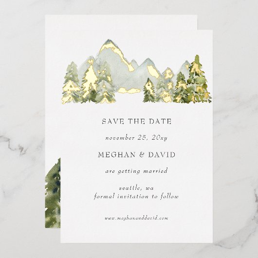 Berglandschap Waterverf Rustic Save The Date Folie Uitnodiging (Voorkant / Achterkant)