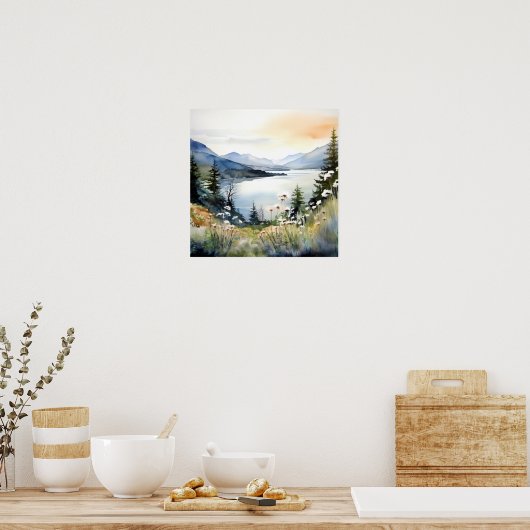 Berglandschap Waterverf Schilderij Kunst Print (Keuken)